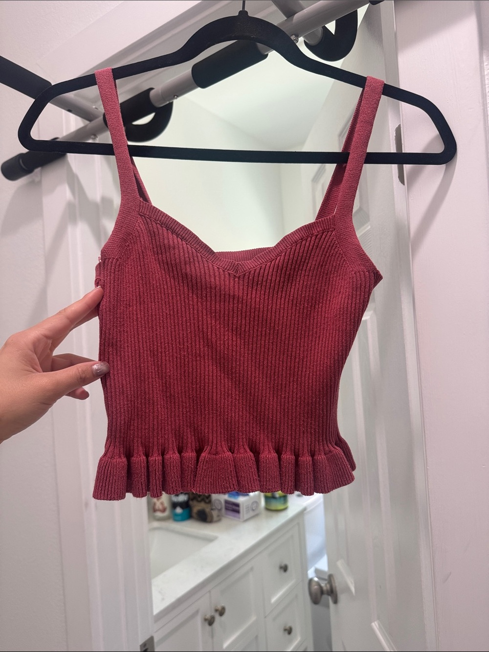 Ribbed Ruffle Hem Tank Top - Dusty Rose